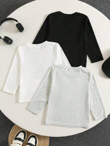 SHEIN 3件/套 男童休閒學院風純色英文字母印花圓領長袖T恤多件套，舒適百搭，適合外出與居家穿著，適用春夏秋冬 - 彩色 - 查看 2