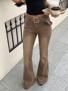 SHEIN EZwear Women's Casual Y2k Daily Travel Denim Jeans With Eyelet Buckle And Pocket Summer Everyday Going Out Shades Of Brown - Brown - View 5