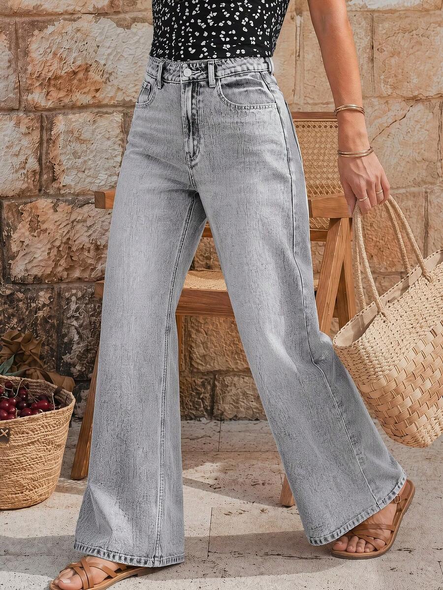EMERY ROSE Casual Wide-Leg Jeans, Simple & Fashionable For Everyday Wear - Light Grey - View 1