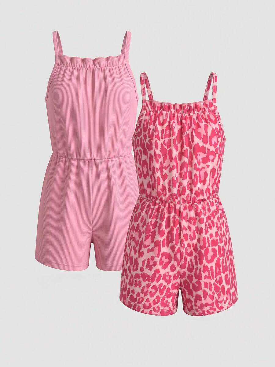 SHEIN Elladie kids Young Girl Vacation Frill Trim Casual Jumpsuit Baby Pink Summer - Pink - View 1