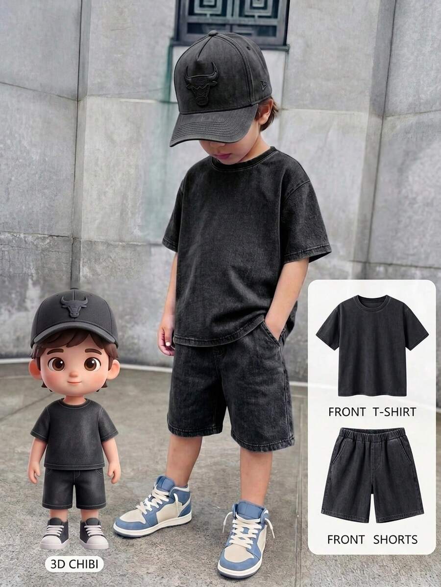 SHEIN 青少年男孩圓領短袖T恤與短褲休閒牛仔套裝 - 黑色 - 查看 1