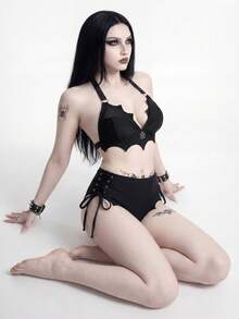 ROMWE 2026 Black Gothic Style Asymmetric Beach Vacation Swimwear Bikini Set For Women - Multicolor - View 4