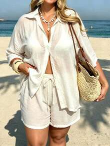 Swim Vcay 2026 New Plus Size Woven Cover Up And Shorts Set, Elegant Vacation Style Cover-Up Swimsuit - White - View 6