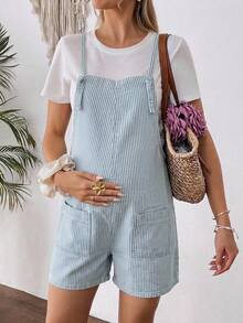 SHEIN 孕婦條紋雙口袋綁帶牛仔吊帶短褲 - 藍色 - 查看 5