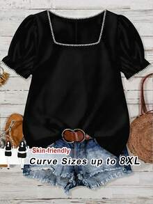 SHEIN CURVE+ 大尺碼休閒度假風貝殼與花卉裝飾方領燈籠袖上衣，2026秋冬 22W - 黑色 - 查看 1