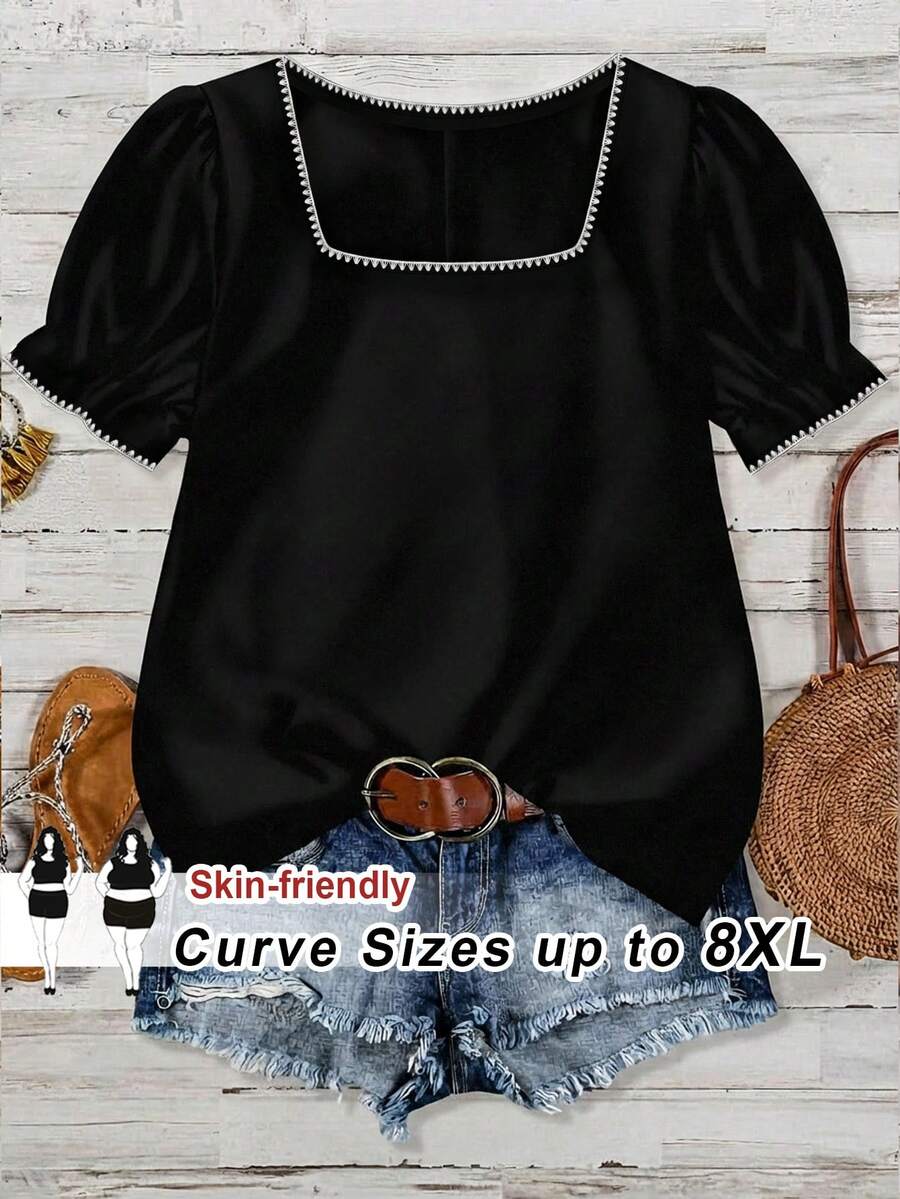 SHEIN CURVE+ 大尺碼休閒度假風貝殼與花卉裝飾方領燈籠袖上衣,2026秋冬 22W - 黑色 - 查看 1