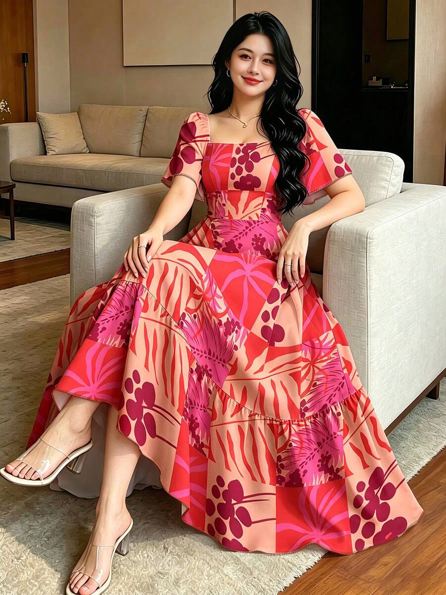 Modelyn 女款大尺碼龜背葉與花卉剪影圖案法式碎花洋裝,時尚方領泡泡短袖洋裝,下擺荷葉邊設計,玫瑰紅與卡其色拼接洋裝,夏季度假風波希米亞風格穿搭 - 彩色 - 查看 1