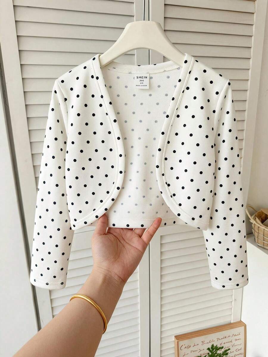SHEIN 女童波點休閒西式百搭日常出遊長袖秋季開襟衫冬季 - 彩色 - 查看 1