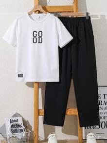 SHEIN 青少年男孩字母印花T恤與長褲套裝 - 黑與白 - 查看 2