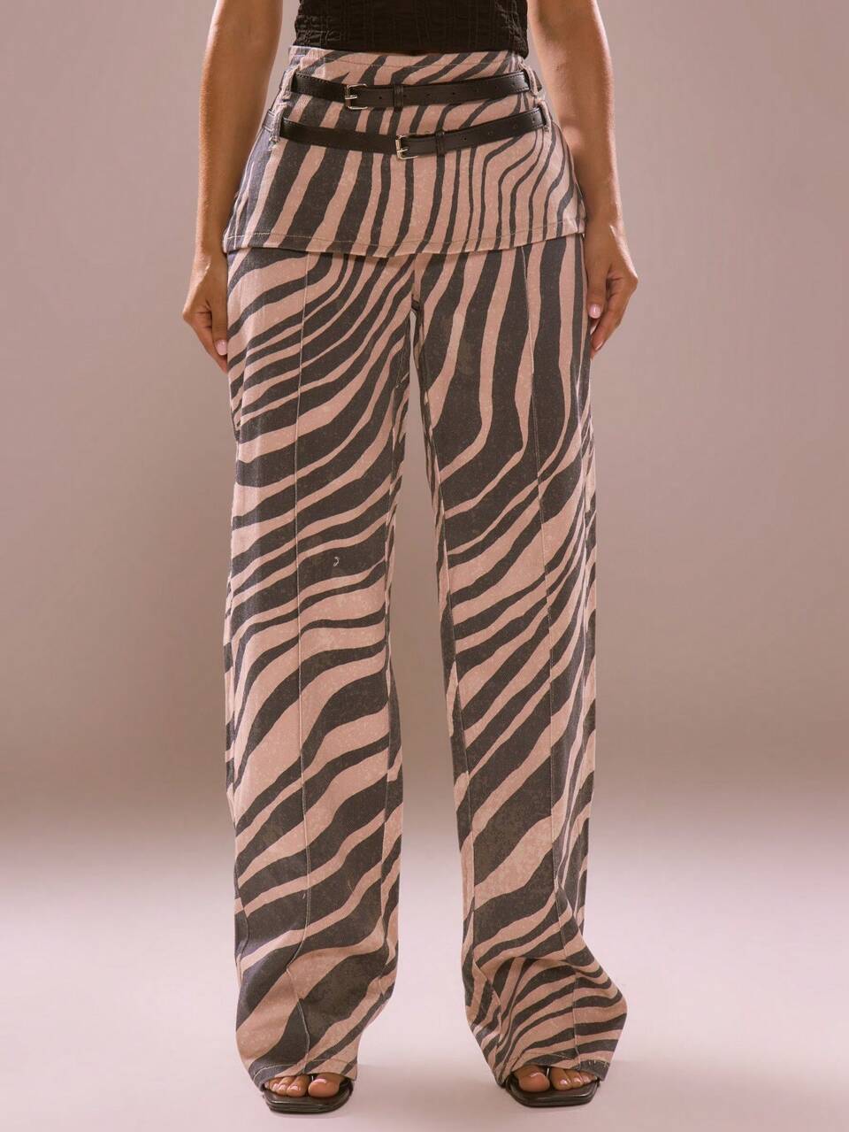 Zebri Print Contrast Mesh Belt Detail Low Waist Trouser Pants Winter Party Cool Fun Festival Zebra Pants Women Clothing