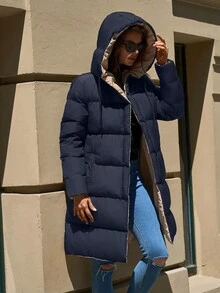 EURMUSE 2-Tone Hooded Zip-Up Pockets Mid-Length Padded Coat - Navy Blue - View 5