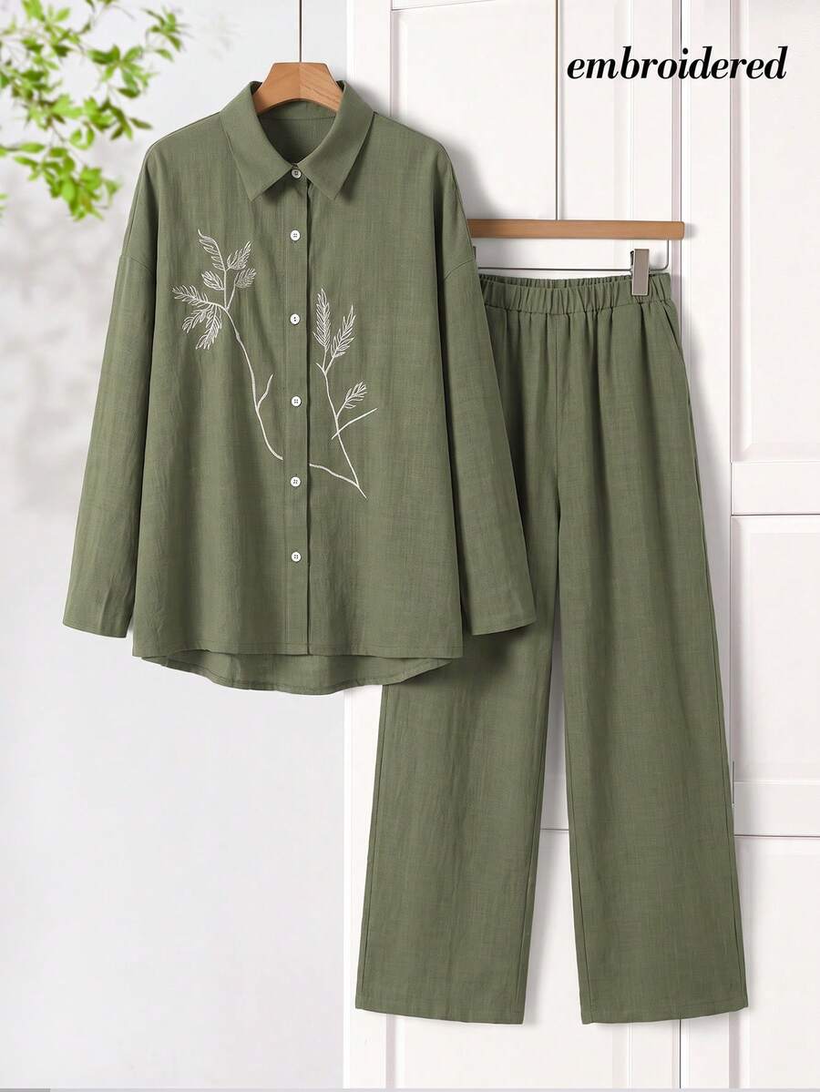 Rusticease 女款葉片刺繡圖案單排扣長袖上衣與長褲休閒日常套裝 秋季穿搭 綠色 冬季居家日常 鼠尾草綠 - 綠色 - 查看 1