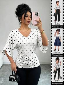 Elenzga Women's Polka Dot V-Neck Ruched Waist Slim Fit Design T-Shirt For Birthday And Date - White - View 1