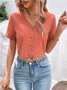 Breezaya Blusa con botones frontales sólidos, blusas de mujer, tops de manga corta - Óxido marrón - Ver 1