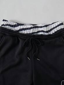 ROMWE MEN Street Life 男士休閒運動字母刺繡抽繩腰鬆緊腰運動長褲，印花字母黑色寬鬆運動長褲，Manfinity運動長褲 - 黑色 - 查看 4