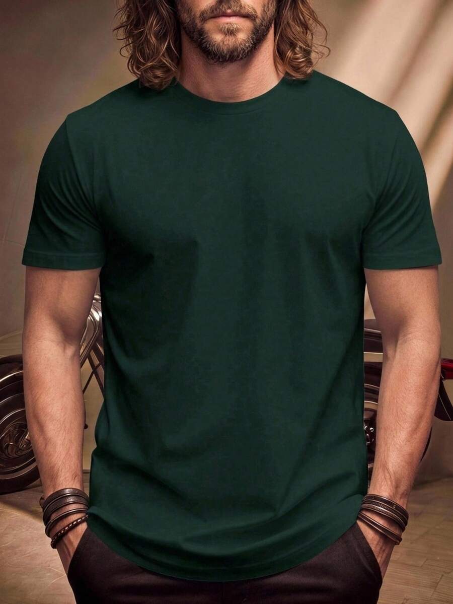 Fenqiro Men's Solid Color Round Neck Short Sleeve T-Shirt - Dark Green - View 1