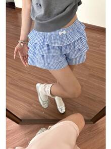 SHEIN MOD 大码休闲低腰格子修身荷叶边超短裤女式返校服装女式蓝白平角短裤简约日常 - 藍色 - 查看 2
