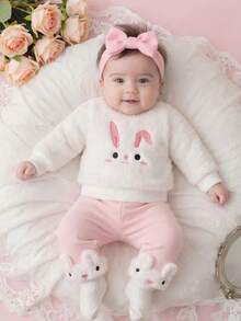 SHEIN Newborn Baby Girl Cute Sweet Style 2 Pieces Set, Knitted Fabric, Beige & Pink & White Striped Color, Shoulder Button Long Sleeve Top With Rabbit Embroidery, Pants With 3D Rabbit Design, Thermal Lined & Thickened, Suitable For Holiday Photos, Outfits, Autumn/Winter, 0-9 Months - White - View 5