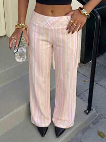 Avenya Low Waist Striped Drawstring Casual Pants - Pink - View 5