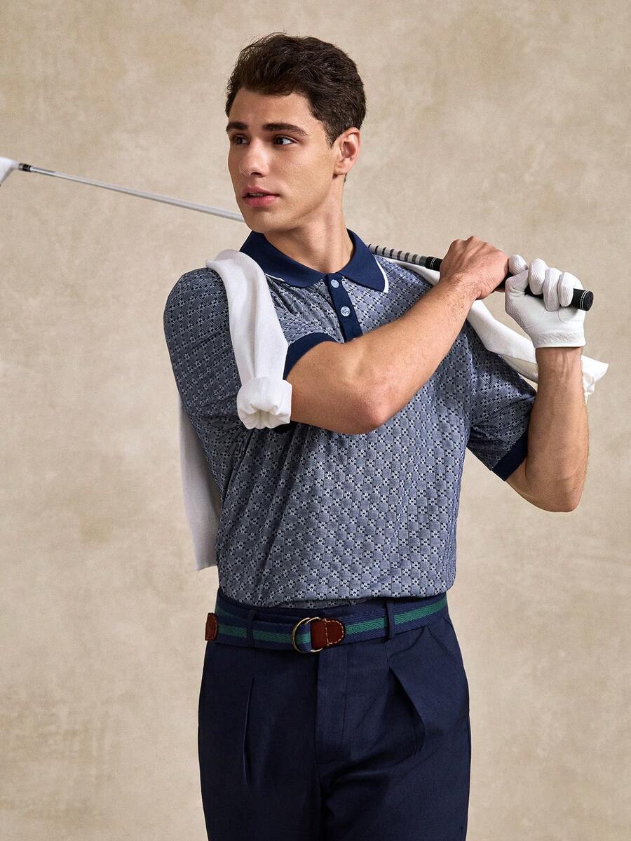 Golf Men's Retro Jacquard Knit Polo Shirt, Lightweight Business Casual Short Sleeve For Summer - Blue - View 1