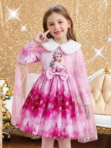SHEIN Elladie kids Young Girl's Fashionable 2 Pieces Set: Long Sleeve Princess Dress + Mesh Cape Cloak, Suitable For Spring & Autumn - Pink - View 4