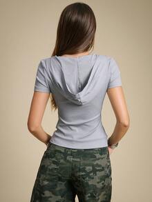Rina Fox Women's Solid Color Short Sleeve Pocket Design Casual Baggy Hoodie Top Everyday Going Out Dusty Blue Summer - Light Grey - View 3