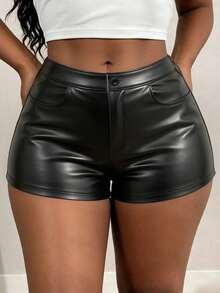 BamGleam Sexy Strappy Leather Shorts, Tight-Fitting Slim Fit Slimming Versatile Leather Shorts - Black - View 2