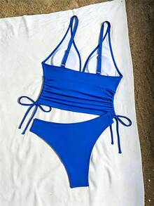 Swim SXY 女款夏季海灘兩件式比基尼泳衣套裝 多色豹紋 深V領 雙肩帶 抓皺休閒泳裝 - 寶藍色 - 查看 2