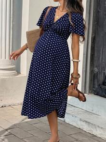 SHEIN Maternity Summer Casual Polka Dot Print Dress - Navy Blue - View 1