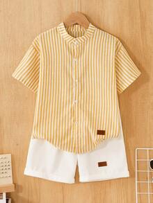 SHEIN Vintaside Kids 男童通勤休闲条纹立领衬衫和条纹短裤两件套，舒适时尚 - 黃色 - 查看 8