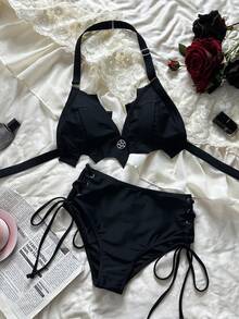 ROMWE 2026 Black Gothic Style Asymmetric Beach Vacation Swimwear Bikini Set For Women - Multicolor - View 6