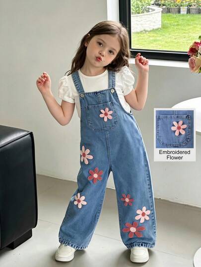 Jumpsuit Tanpa Lengan Longgar Kasual Motif Bunga untuk Anak Perempuan, Musim Panas