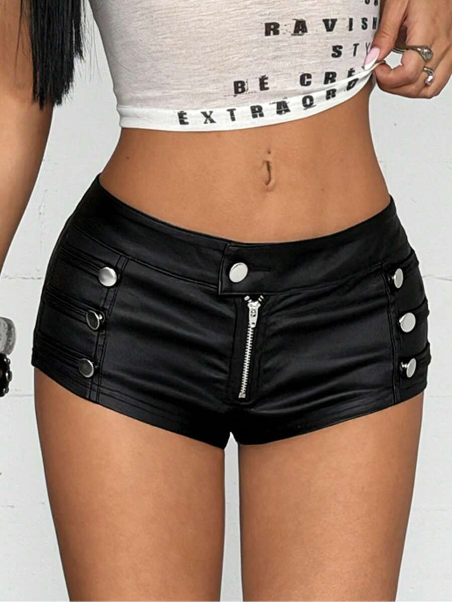 Jeanoix Y2K Women's PU Leather Zipper & Button Design Fitted Shorts - Black - View 1