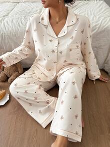 Napfluff CURVE Napfluff CURVE Bubble Crinkle Cartoon Bear Print Shirt-Style Open Front Plus Size Pajama Set - Apricot - View 5