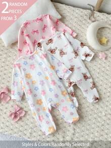 3pcs Randomly Send 2pcs Newborn Baby Girl Cute Bear Flower Bow Print Long Sleeve Footed Romper Jumpsuit 2pcs Set - Multicolor - View 2