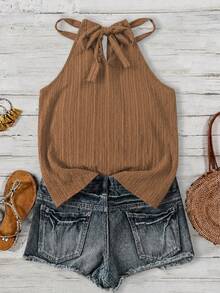 SHEIN LUNE Women's Summer Versatile Deep Coffee Color Vertical Stripe Textured Crepe Spaghetti Strap Camisole Tank Top, Suitable For Spring/Summer Vacation - Brown - View 2