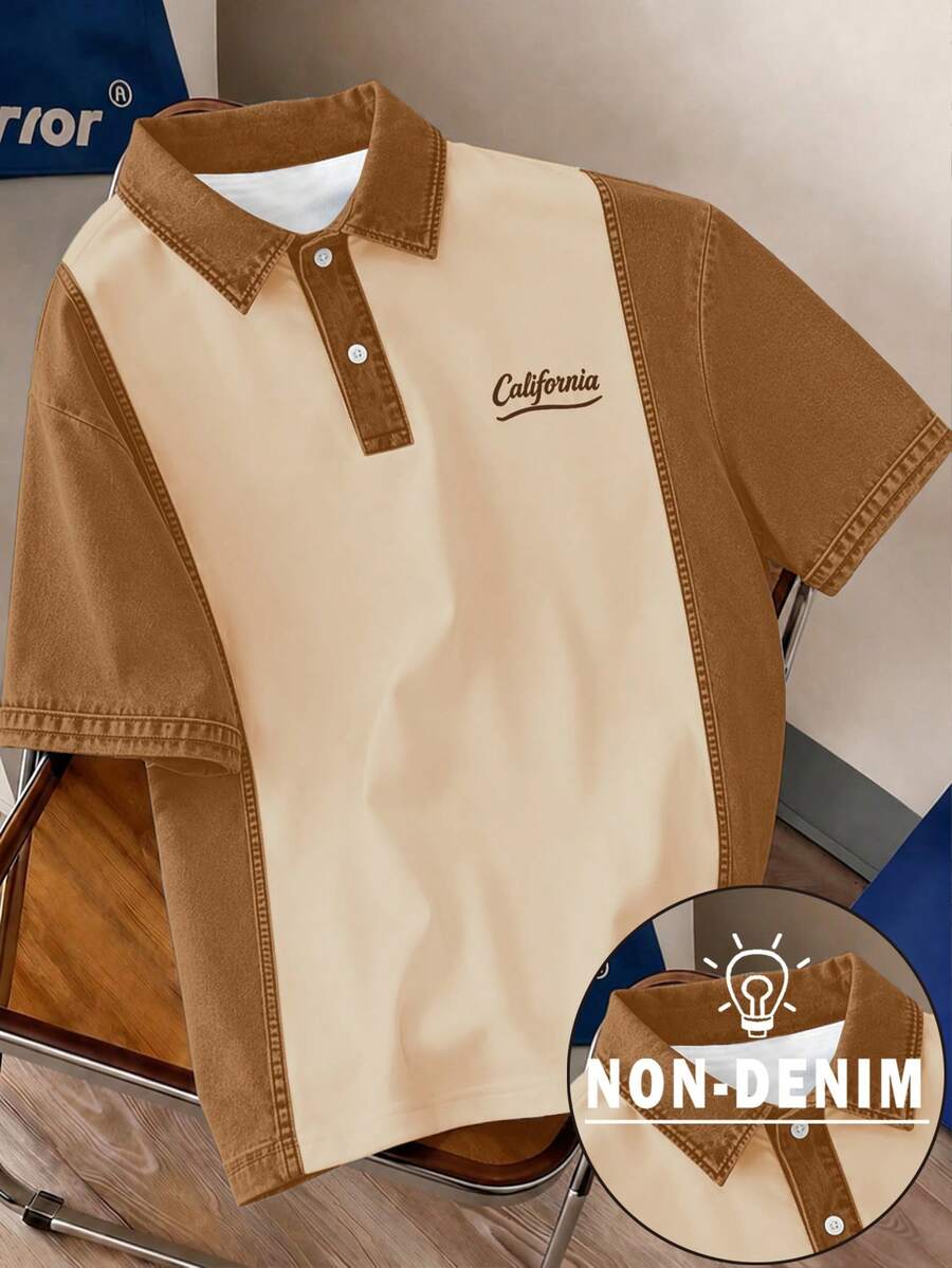 Manfinity Joysei Men's Letter Pattern Colorblock Casual Daily Short Sleeve Polo Shirt - Coffee Brown - View 1