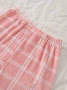 Teen Girls Pink Plush Top With Bow Embroidery Pattern And Plaid Thickened Comfortable Long Sleeve Pants Set Fleece-Lined Autumn Prom Cute Katseye - Pink - View 5