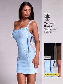 Nuvra Vestido mini ajustado de malla con un solo hombro y lazo para mujer - Celeste - Ver 1