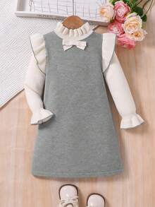 Emery Rose Kids Emery Rose Kids 女童蝴蝶結裝飾撞色拼接荷葉邊長袖可愛針織秋冬洋裝 - 灰色 - 查看 2