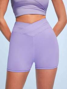 SHEIN Sovereign Charm Women's Solid Color High Waist Casual Versatile Daily Travel Sports Shorts - Purple - View 1