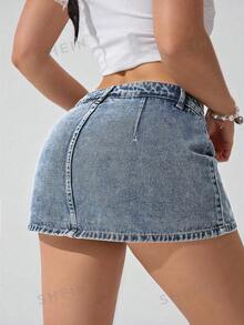 SHEIN ICON 女士纯色简约休闲牛仔裙 - 霧霾藍 - 查看 2