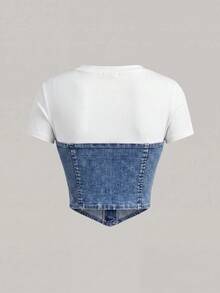 SHEIN MOD Atasan Denim Patchwork Blok Warna untuk Wanita - Light Wash - View 3