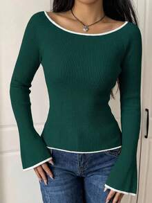 SHEIN Cottnline Fashionable Casual Ribbed Fitted Flare Sleeve Women Sweater - Dark Green - View 4