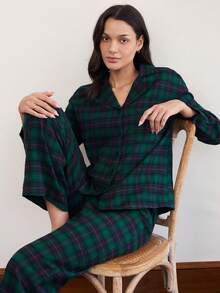 Doze Lane Setelan Piyama Celana Panjang Lengan Panjang dengan Kerah Terbuka Depan Motif Kotak-kotak Klasik untuk Wanita - Dark Green - View 4