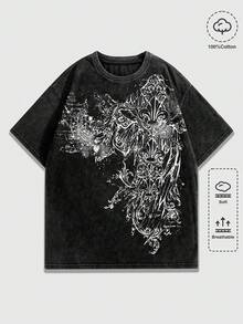 ROMWE MEN Goth Men's Summer Casual Cross Print Short Sleeve T-Shirt - Black - View 3