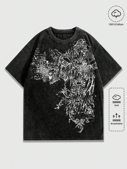 Goth Camiseta de manga corta casual de verano con estampado de cruz para hombres