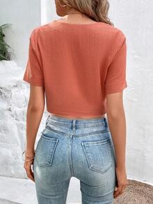 Breezaya Blusa con botones frontales sólidos, blusas de mujer, tops de manga corta - Óxido marrón - Ver 2
