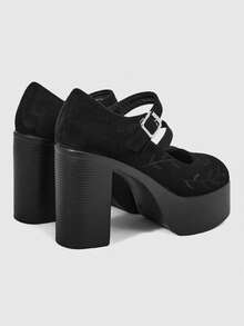 Sugerpunk Women Shoes Fashionable And Sexy Platform High-Heeled Shoes, Punk Style Gothic Solid Color Flower Embroidery Design Silver Adjustable Buckle - Graphite Black - View 4