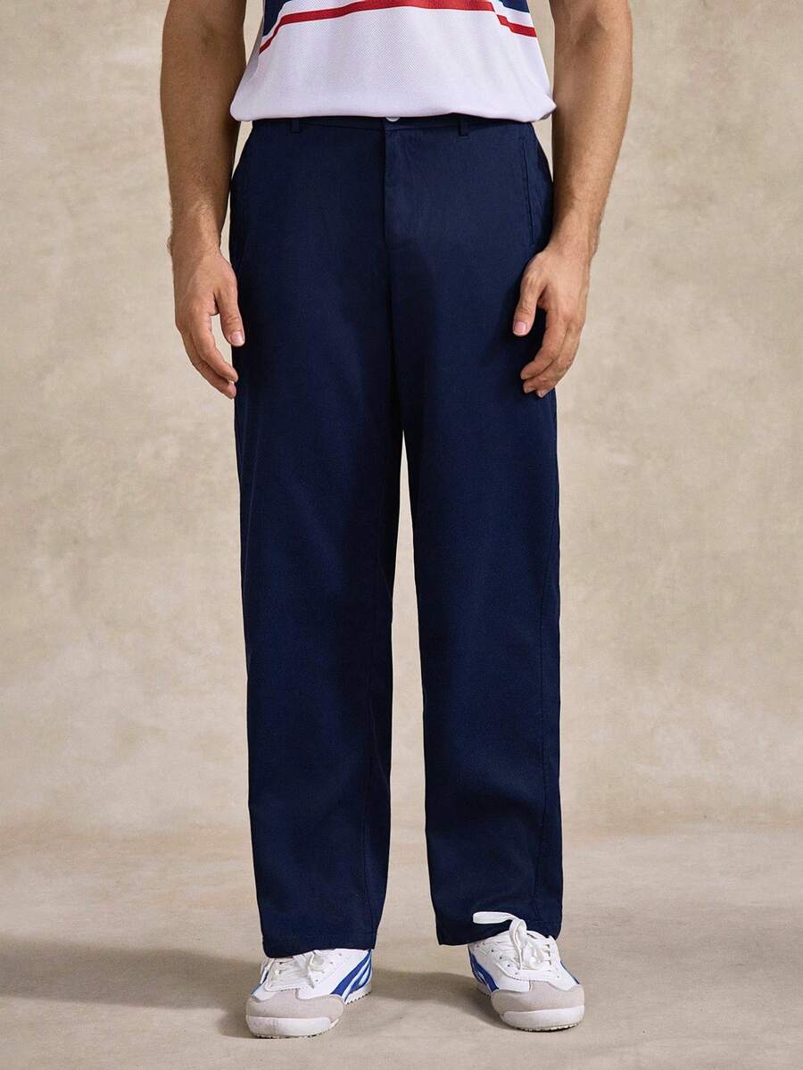 Courvante Men's Solid Color Commuter Casual Pants With Slant Pockets - Dark Blue - View 1